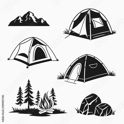 Mountain campsite elements collection camping tent