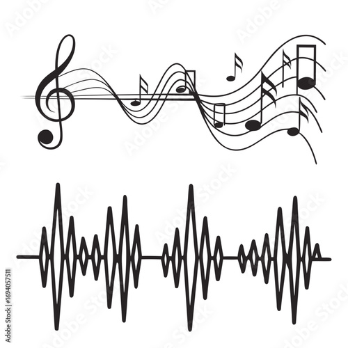 Musical notes and sound waves treble clef staff