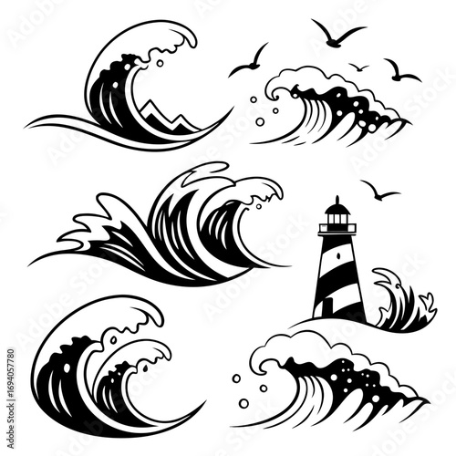 Ocean waves and lighthouse silhouettes water nautical