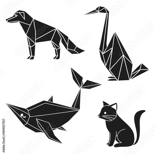 Origami animal silhouettes dog crane whale cat vector