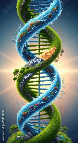 A DNA double helix structure is depicted with nature elements, including grass, water, trees, and mountains, against a light blue background.