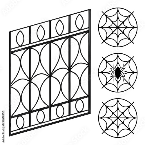 Ornate metal grate and spider web designs decorative