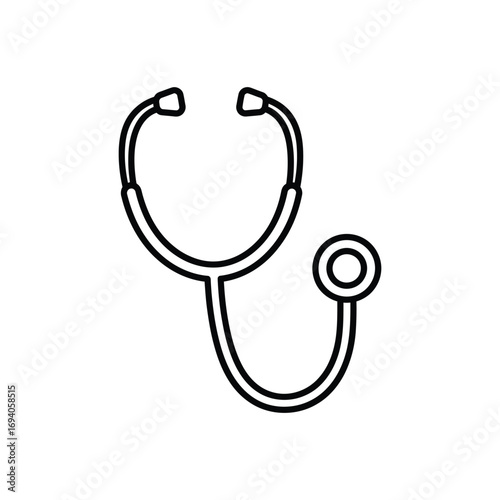 Simple black line art icon of a medical stethoscope for healthcare and diagnostics on a white background. Vector illustration for web and print