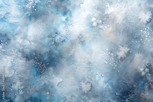 Abstract watercolor painting featuring a blend of blues and whites, creating a dreamy, ethereal atmosphere reminiscent of clouds, ice, and winter landscapes