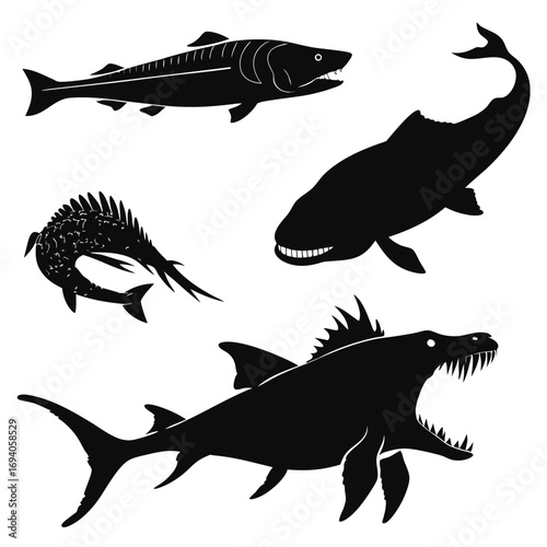 Prehistoric fish silhouettes ancient sea creatures