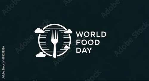 World Food Day Icon: White Fork in Striped Circle with Clouds