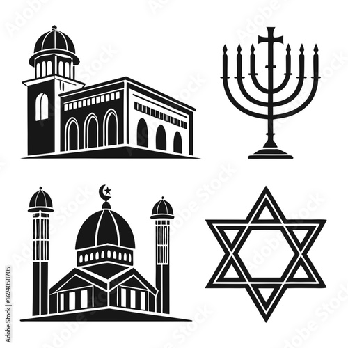Religious symbols buildings and menorah synagogue mosque
