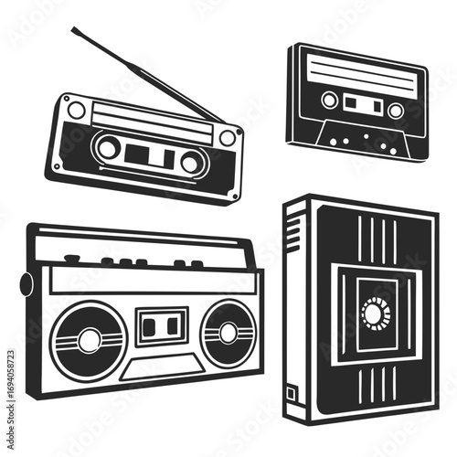 Retro audio devices and cassette tapes boombox radio
