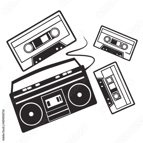 Retro boombox and cassette tapes music audio