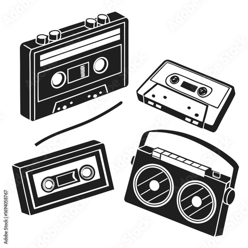 Retro cassette tapes and boombox audio cassette music player