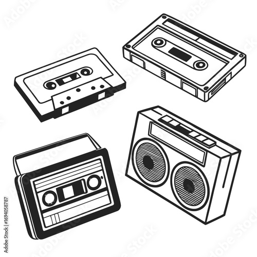 Retro cassette tapes and boombox audio cassette music player