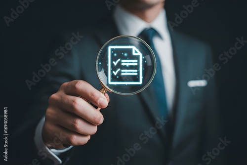 Document review checklist with magnifying glass for audit compliance due diligence process checkup