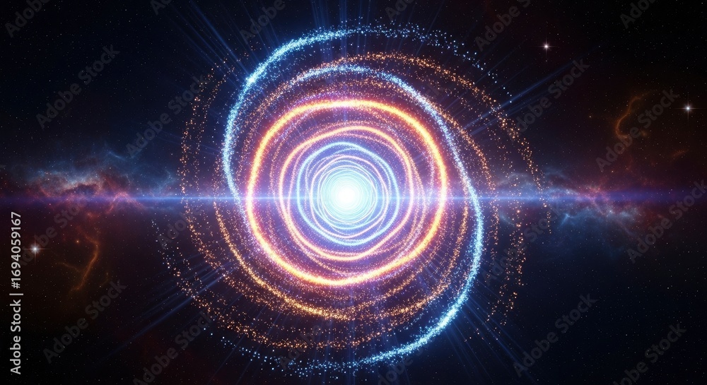 Fototapeta premium Cosmic vortex of glowing blue and orange particle rings spiraling towards a bright white light set against a dark starry nebula backdrop