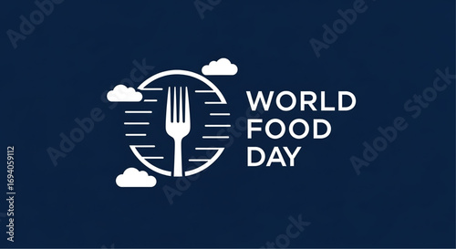 White Fork Symbol Inside Circle with Clouds for World Food Day