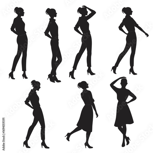 Seven female fashion model silhouettes in various poses