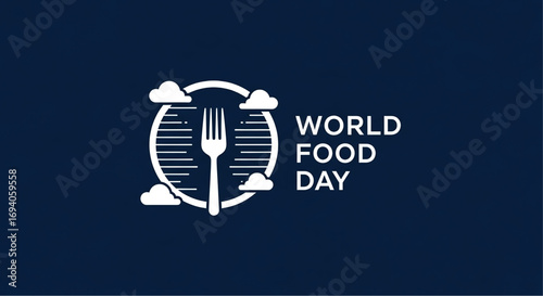 World Food Day graphic with white fork, clouds, and horizontal lines in circle.