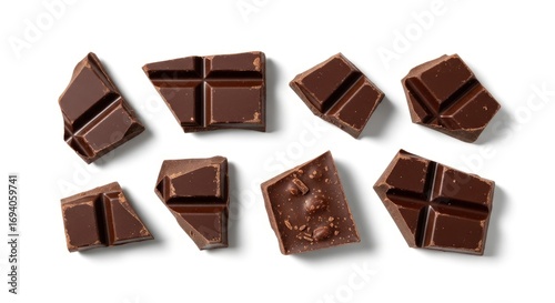 Dark chocolate pieces scattered on a white background some showing grid patterns and others irregular with soft shadows