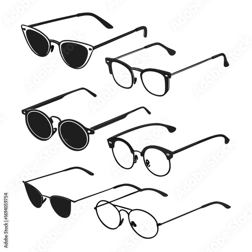 Six pairs of modern eyeglasses and sunglasses eyewear
