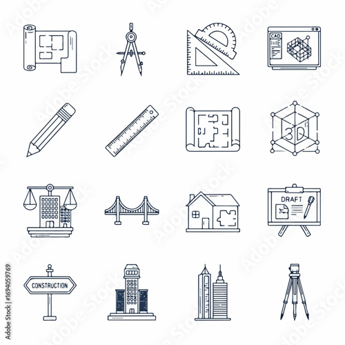 Set of thin line icons for architecture and construction.