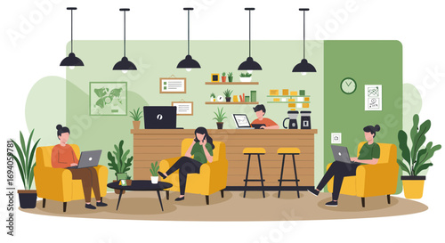 People working and relaxing in a cafe.