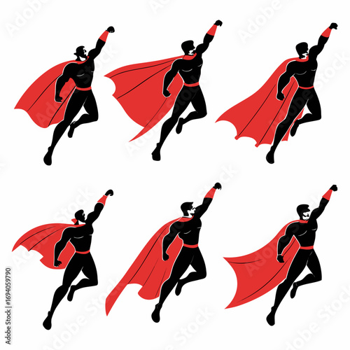 Six superhero flying poses red capes silhouette black