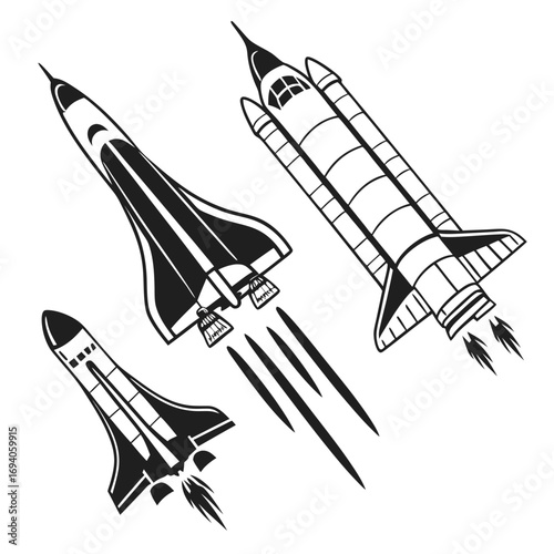Spaceship fleet in flight with exhaust trails shuttle