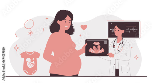 Pregnant woman and doctor reviewing ultrasound.