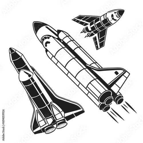 Spaceship engine and exhaust silhouettes rocket shuttle