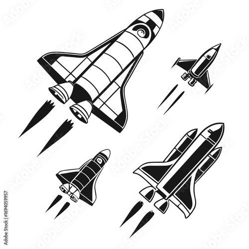 Spaceships in flight with exhaust trails shuttle rocket