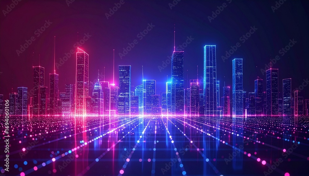 Naklejka premium A futuristic cityscape glows with vibrant neon lights, a symbol of technological innovation and urban progress. The buildings stand tall, their outlines emphasized by streaks of blue and pink.