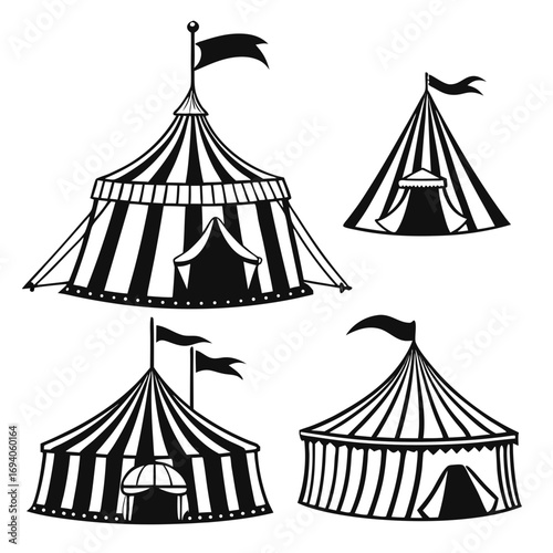 Striped circus tents and flags black and white