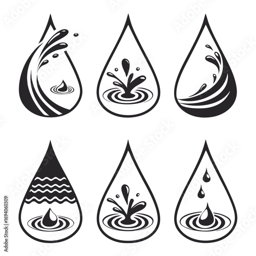Stylized water drops splashes and waves ripples liquid