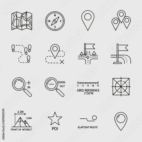 Vector set of map navigation and location outline icons.