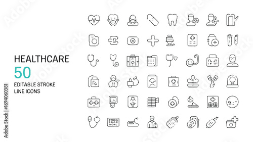 Healthcare Line Icons Set Elderly People, Senior Figures, and Medical Symbols