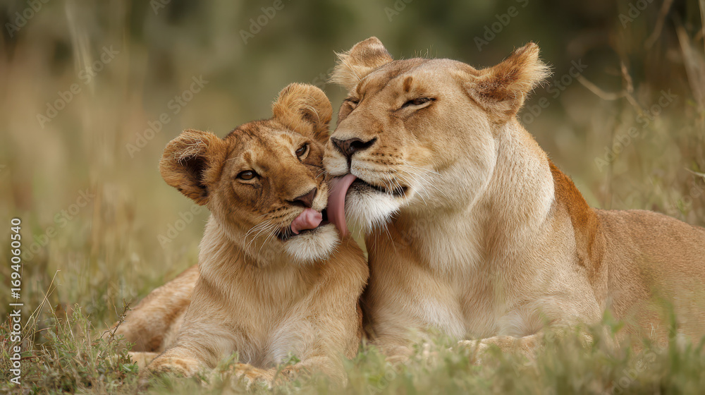 Fototapeta premium Tender moment between lioness and cub in the wild savanna nature photography close-up view animal bonds