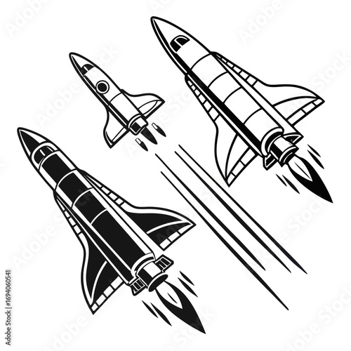 Three rocket ships in flight with exhaust trails spaceship