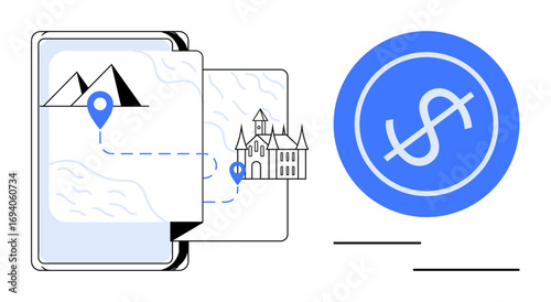 Smartphone displaying maps, route marked to a castle with pin icon, next to a dollar sign coin. Ideal for travel, tourism, navigation, destination planning, budget management, exploration simple