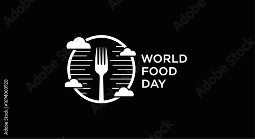 White Fork Symbol with Clouds and Horizontal Lines for Food Day