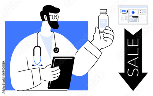 Doctor holding tablet and reviewing medicine bottle. Includes data dashboard and sale arrow. Ideal for telemedicine, pharmacy promotion, healthcare marketing, data analysis, cost reduction, medical