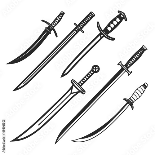 Various sharp bladed weapons sword katana