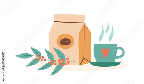 The coffee concept. Cocoa beans packaging, a cup of fragrant coffee and a green twig. Vector flat clipart.