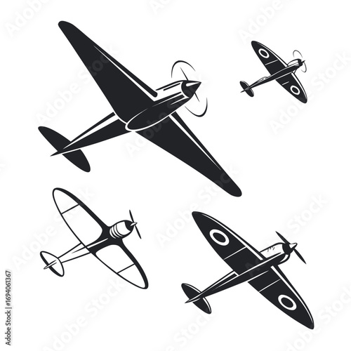 Vintage aircraft silhouettes in flight airplane propeller