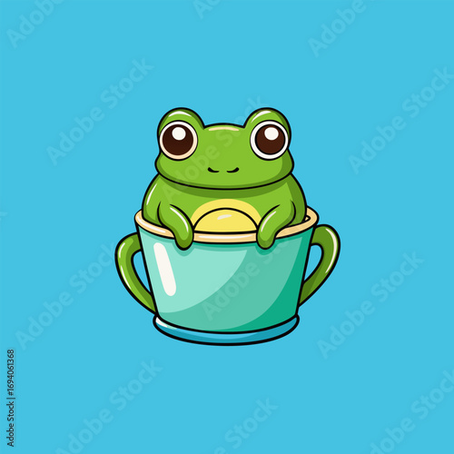Cute frog relaxes happily while sitting in a warm cup of green tea