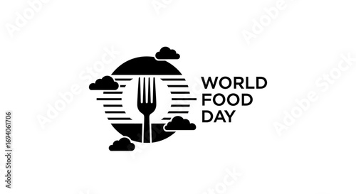 Black Fork Silhouette with Clouds and Circle for World Food Day
