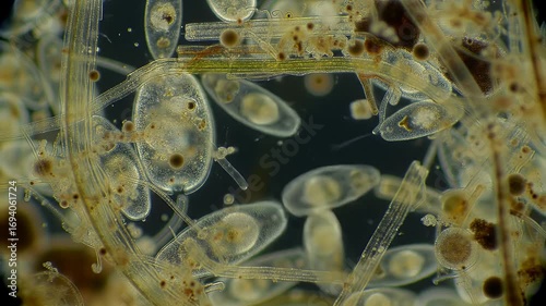 Detailed Microscopic View of Living Protozoa and Algae with Clear Structures in Dark Background Biological Study of Microorganisms Science Experiment Examining Cellular Life 1980s Era Footage