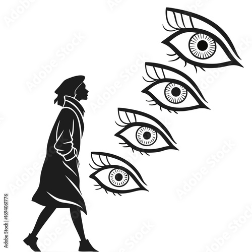 Woman walking with abstract eyes silhouette