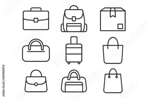 Bags thin line icon set. Briefcase, backpack, package, baggage outline signs. Vector illustration for web, graphic design, apps. Luggage, travel, shopping, business symbols.