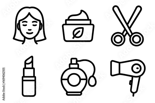 Beauty and cosmetics icon set. Skincare, makeup, and hairdressing outline symbols. Vector icons of lipstick, perfume, scissors, hairdryer, and organic cream for web design.