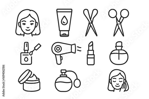 Beauty and cosmetics line icon set. Skincare, makeup, and hairdressing outline symbols. Lipstick, perfume, cream, scissors, hairdryer vector icons for web and graphic design.
