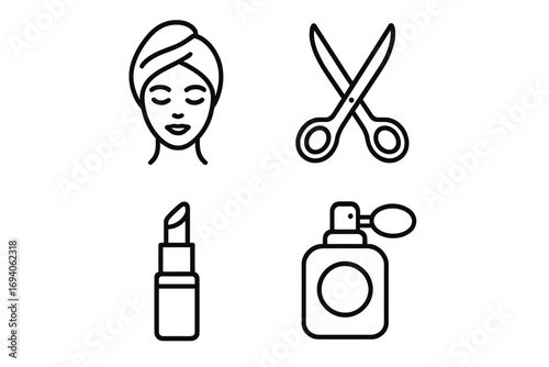 Beauty line icon collection. Vector outline symbols for skincare, cosmetics, spa, and salon. Minimalist icons of facial treatment, scissors, lipstick, perfume for web design.